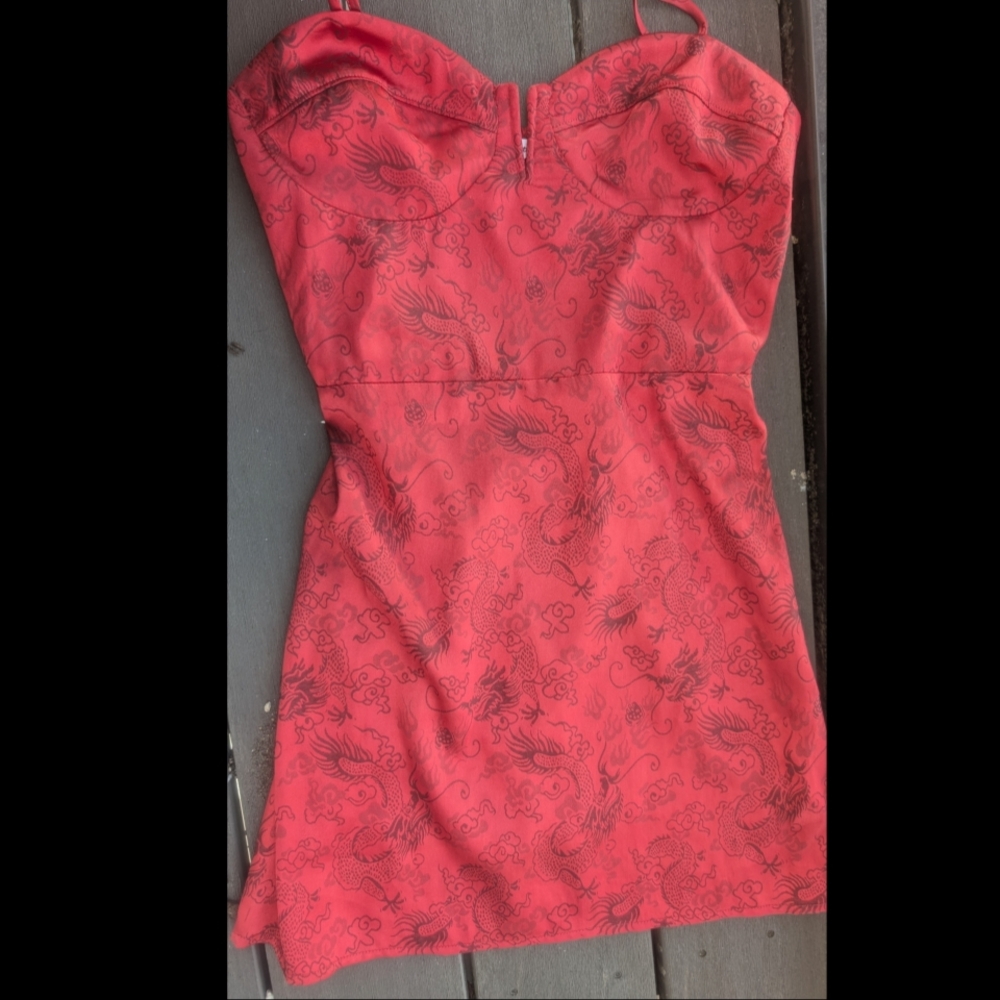 Red Strapless Dress with Black Pattern